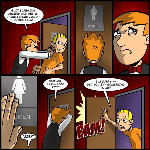 Jimmy, girl's bathroom, push, remorse, slapstick